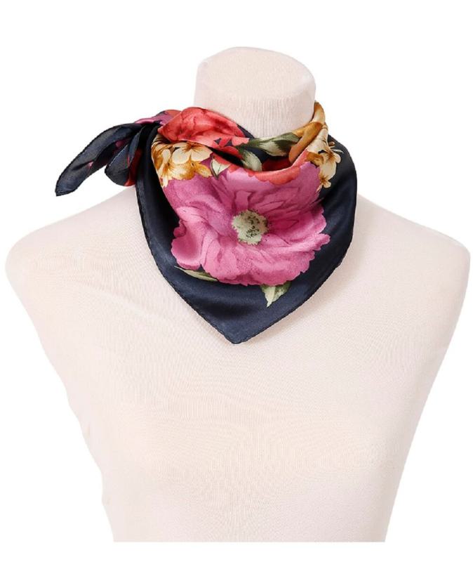 Foulard Shawl Silk Satin Flower Black Red